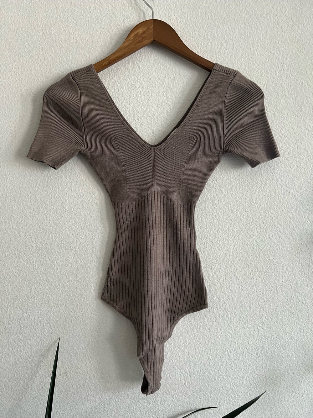 Abercrombie & Fitch Ribbed V-Neck Short Sleeve Bodysuit - Taupe